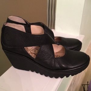 Fly London Black Leather Wedges